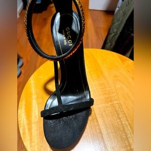 Gucci Black Velvet and Gold Heeled Sandal